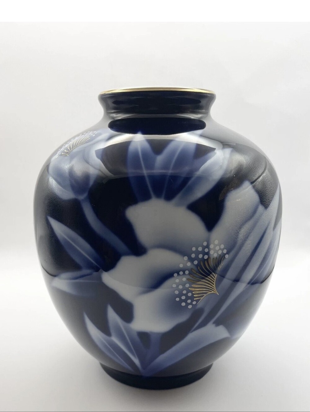 Decorative Navy Blue Floral Ceramic Vase with Gold Accents